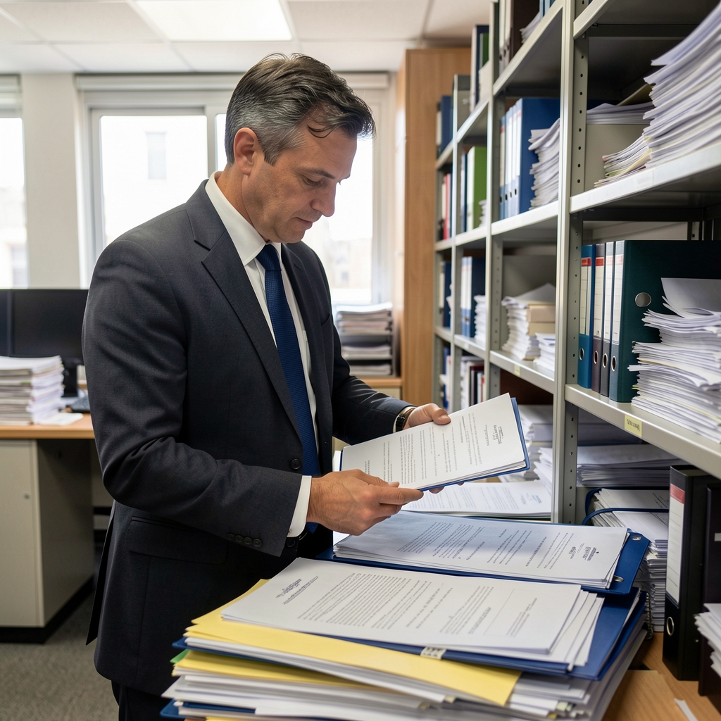 Auditor contable revisando documentos y carpetas de papeles en un archivo de oficina