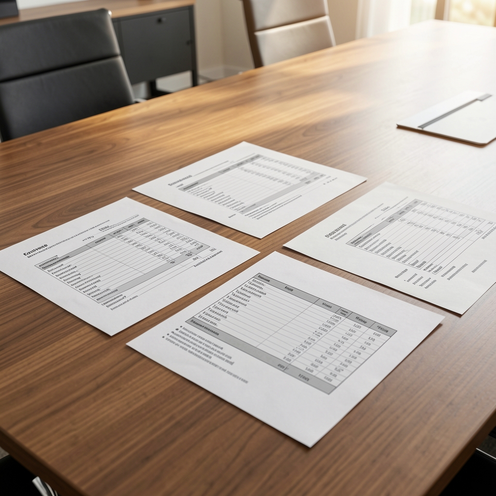 Hojas de balance general y estado de resultados impresas y ordenadas sobre una mesa de reuniones