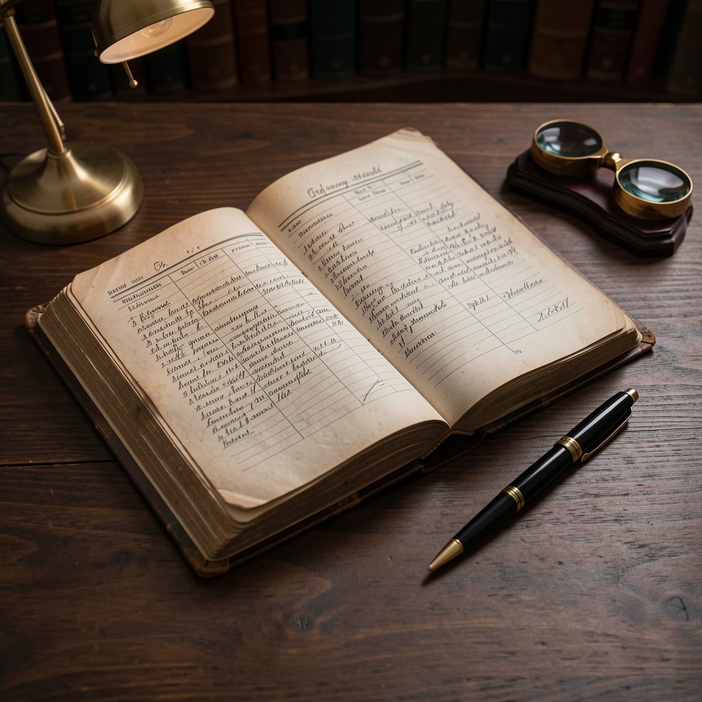 Libro de contabilidad antiguo abierto junto a lentes y una pluma sobre un escritorio de madera oscura