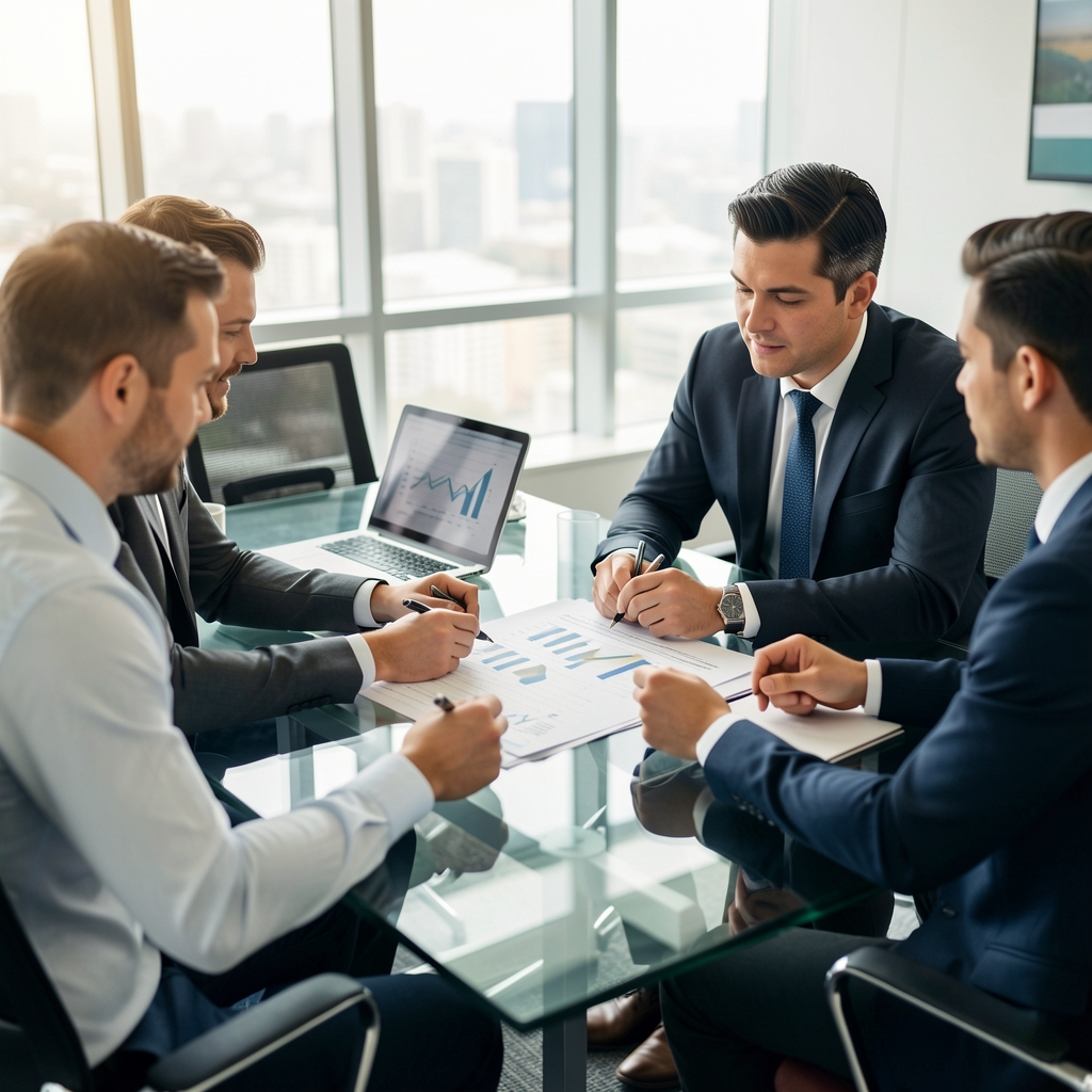 Equipo de trabajo revisando un presupuesto empresarial anual en una reunión alrededor de una mesa de vidrio