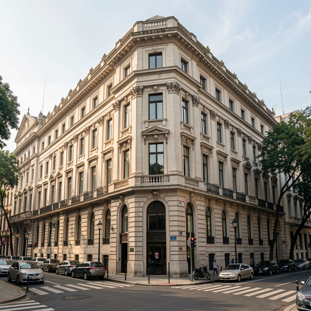 Fachada de un edificio de oficinas clásico sobre la Avenida de Mayo en el centro de Buenos Aires