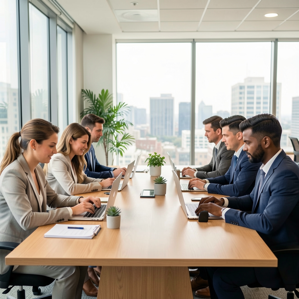 Equipo de profesionales de contabilidad trabajando en laptops alrededor de una mesa en una oficina luminosa de Buenos Aires