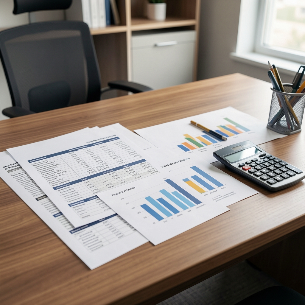 Escritorio de oficina con informes financieros impresos, calculadora y gráficos de barras sobre desempeño contable