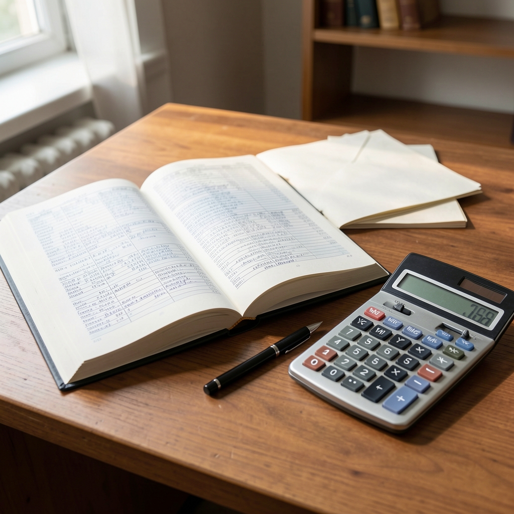 Libro contable abierto junto a una calculadora y lapicera sobre un escritorio de madera