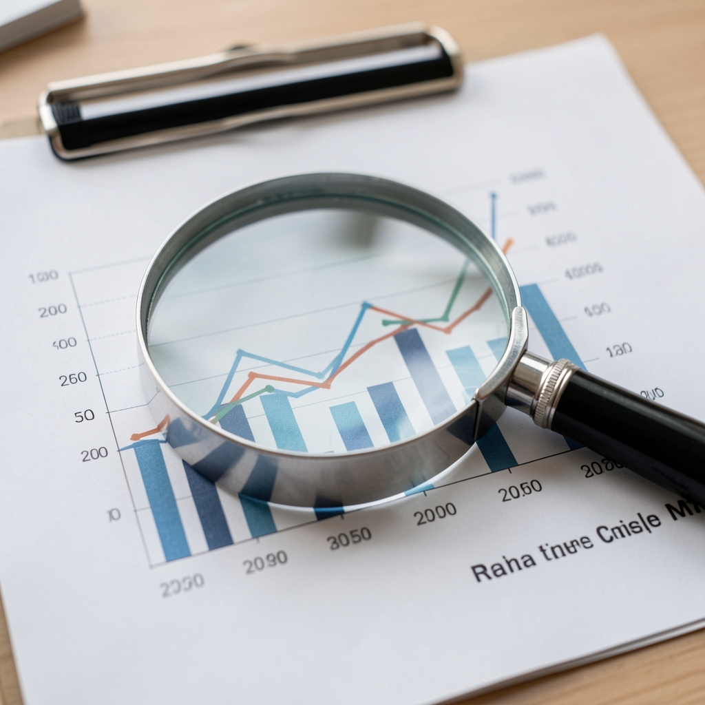 Gráficos de barras y líneas impresos sobre resultados financieros trimestrales analizados con una lupa